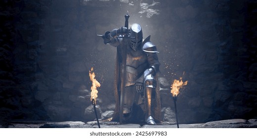 A medieval knight in full suit of armour and embroidered cape kneeling inside a castle in front of two flaming torches leaning on a broad sword in contemplation. 