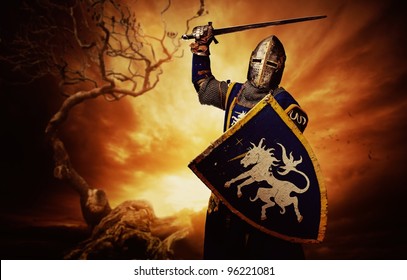 Medieval Knight Over Stormy Sky.