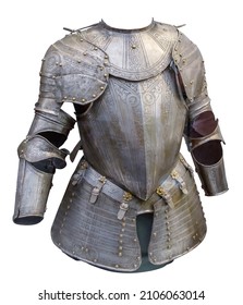 Medieval knight suit of armor protection isolated on white background with clipping path. Ancient steel metal armour