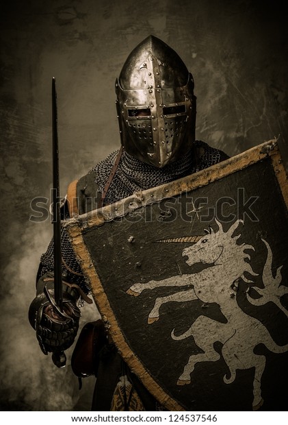 Medieval Knight Sword Shield Against Stone Stock Photo (edit Now) 124537546