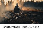 Medieval Knight Walking on Battlefield amidst Dead Enemies. Surviving Crusader, Soldier, Warrior after Battle. Smoke and Destruction of War, Invasion, Crusade. Dramatic, Cinematic Historic Reenactment