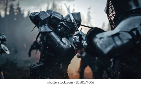 Medieval Knight Walking on Battlefield amidst Dead Enemies. Last Surviving Crusader, Soldier, Warrior after Battle. Destruction of War, Invasion, Crusade. Dramatic, Cinematic Historic Reenactment