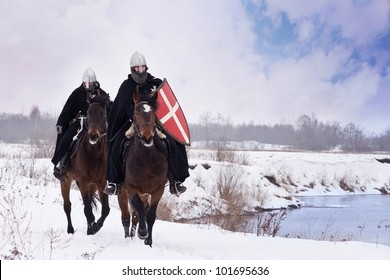 Medieval Knights Of St. John (Hospitallers) Riding On A Bay Horses