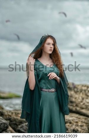 Medieval maiden on the shore of a stormy sea