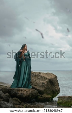 Medieval maiden waiting on the stones near the stormy sea