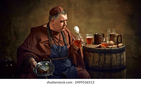 Medieval man, monk, with ale mug and plate of fish sandwich degustating craft beer against vintage background. Brewing and abbey ale production. Concept of comparison of eras, history, traditions - Powered by Shutterstock