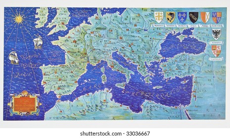 Medieval Map Of Europe By Order Of The Knights Of Hospitallers. Photo From Old Reproduction