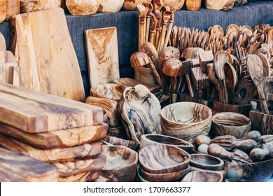 Medieval Market Stall Of Handmade Wooden Utensils. Craft Market