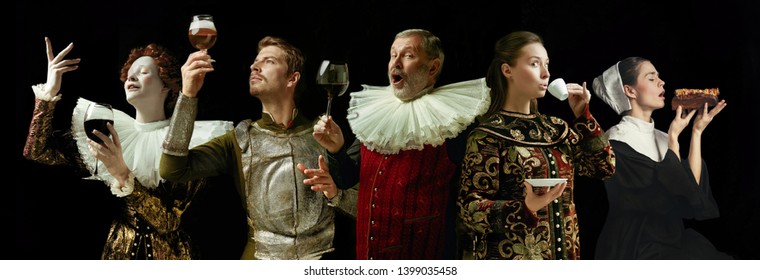 Medieval men and women as a royalty person in vintage clothing drinking wine and coffee and eating on dark background. Concept of comparison of eras, modernity and renaissance. Creative collage.