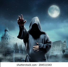 Medieval monk at night