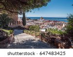 Medieval moorish fortress Alcazaba in Almeria, Access to the fortress with gardens and trees of different species, panoramic view of the city, take in Almeria, Andalusia, Spain