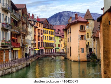 Medieval old town and the tower of Palais de l'Isle castle on Thiou river in Annecy, Savoy, France