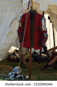 Medieval Outfit Of A Warrior (knight Or Squire) - Red Gambeson With Elements Of Armor, Metal Shoulder Straps