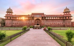 Medieval Palace Made Of Red Sandstone And Marble Inside Agra Fort At Sunrise. Agra Fort Is A UNESCO World Heritage Site At Agra India. 