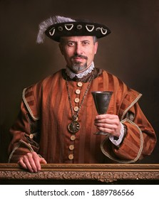 Medieval Portrait Of Man In King Costume. 