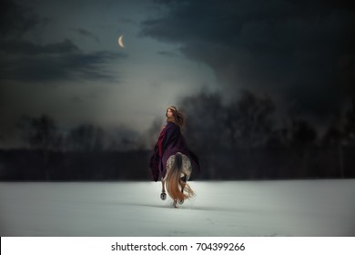 Medieval Queen On White Horse At Twilight Winter Forest 