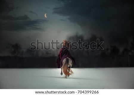 Medieval Queen on white horse at twilight winter forest 