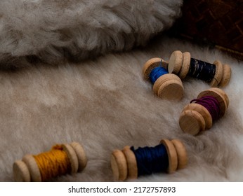 Medieval Reenactment Objects, Sewing Set With Wool Coils On A Fur Coat, Blank Copy Space Area