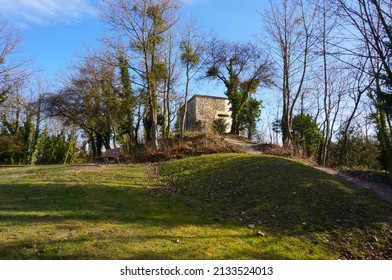 Medieval remnants of the Tour de la Poudrière (Powder Keg Tower), a vestige of the old fortifications of Reims, in the northeast of France, on top of a mound in the park of the Butte Saint-Nicaise
