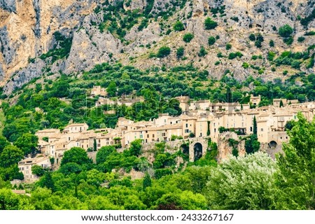 Medieval rock village of Moustiers-Sainte-Marie, Provence in France. European vacation destination.