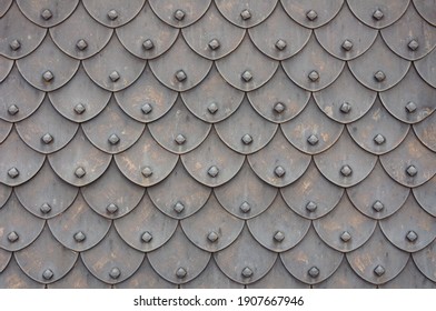 Medieval rusty metal grey scales armor background. Template for border, frame design. - Shutterstock ID 1907667946