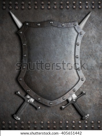 medieval shield with two crossed swords over armour background