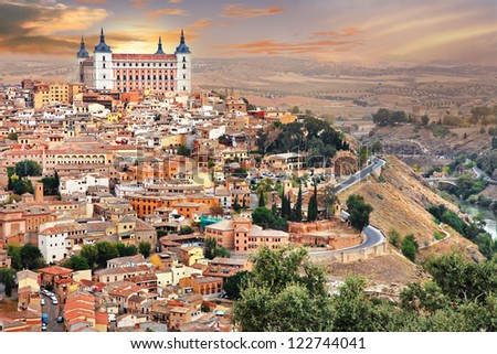 medieval Spain - Toledo town over sunset