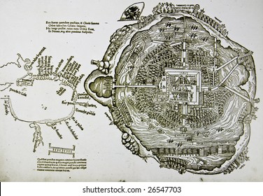 Medieval Spanish Map Of Mexico City And Gulf Coast. Photo From Old Reproduction