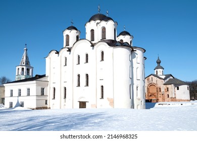 Medieval St. Nicholas (Nikolo-Dvorishchensky) Cathedral on a sunny March day. Veliky Novgorod, Russia