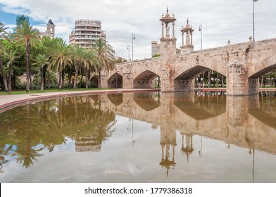 Medieval stone bridge over the Turia river promenade in the city of Valencia. Mediterranean vegetation and pond with reflections