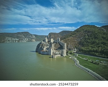 Medieval stone fortress Golubac on Danube river aerial landscape view - Powered by Shutterstock