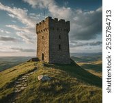 Medieval Stone Tower on a Hilltop: A stone watchtower on a grassy hill, overlooking a vast landscape with rolling hills.