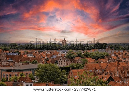 Medieval Town Bruges old city in Flanders in Belgium Europe. Art and culture. Tourists from the world. Ancient medieval architecture gothic with towers buildings, canals, cobbled alleyways horses