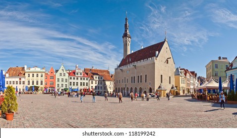 Medieval Town Hall and Town Hall Square of Tallinn, the capital of Estonia. Stitched Panorama