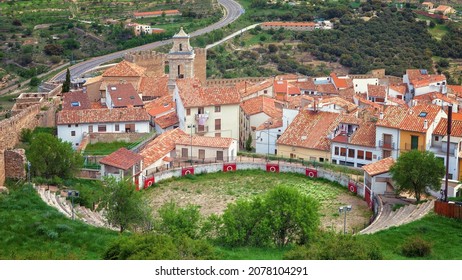 Medieval Town Of Morella, With Its Bullring, View From The Castle On Top Of The Mountain, Castellón, Spain