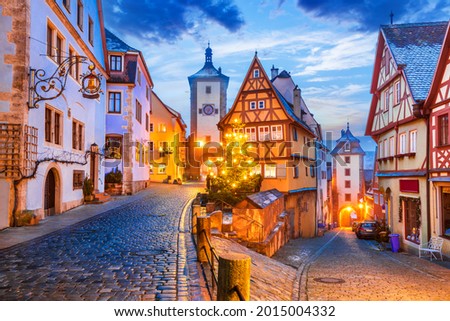 Medieval town of Rothenburg ob der Tauber at night, Romantic Road in Bavaria, Germany