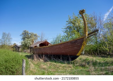 Medieval Viking Longboat In Sunny Ambiance At Early Spring Time