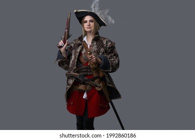 Medieval Woman Pirate With Saber And Handgun