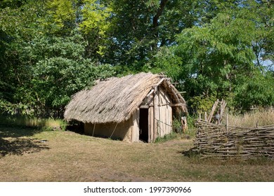 Medieval wooden house. Replica in the nature.