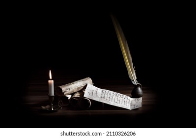 Medieval Writing Utensils With Candle 