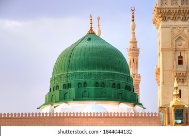 Medina / Saudi Arabia - 11 May 2017:  Green Dome Close up -  Prophet Mohammed Mosque , Al Masjid an Nabawi