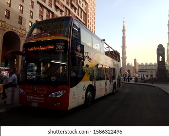 Medina, Saudi Arabia - 20/10/2019 : Open-top double-decker sightseeing tour bus. City Sightseeing Al Madinah 