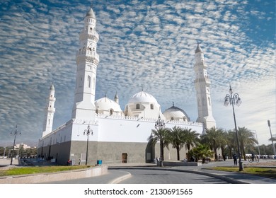 Medina, Saudi Arabia - December 28, 2021 : Beautiful View Of Quba Mosque Tower Building.