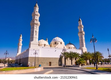 Medina, Saudi Arabia - December 28, 2021 : Beautiful view of Quba Mosque tower building.