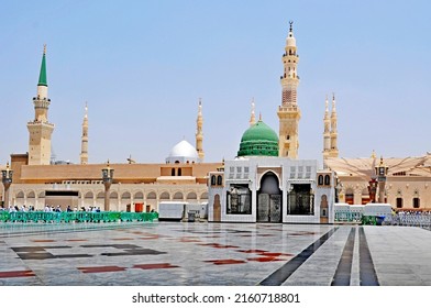 MEDINA, SAUDI ARABIA - May 2022. The Prophet's Mosque (Al-Masjid an-Nabawi). In the second (after Mecca) most holy place of Muslims. According to tradition, it was built in 622 by the Prophet Muhammad