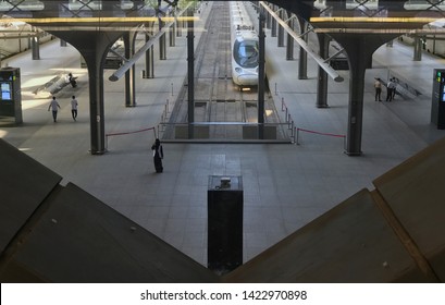 MEDINA, SAUDI ARABIA - MAY 27, 2019 :  Top View Of Madinah Haramain Station With A Single Bullet Train On A Track At HHSR Madinah Station In Medina, Saudi Arabia.