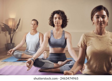 Meditate, group and women in yoga studio for calm mind, mindfulness and spiritual wellness with chakra balance. Pilates girls, fitness class and lotus pose for zen aura and holistic healing together - Powered by Shutterstock