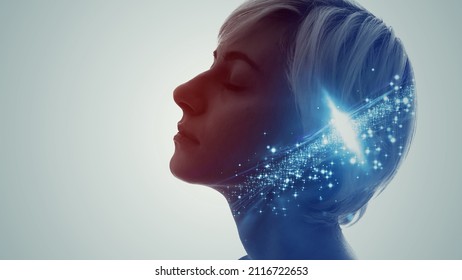 Meditating woman. Science technology concept. Mindfulness. - Powered by Shutterstock