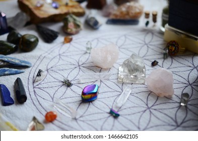 Meditation Grid Kit. Quartz Tower, Natural Citrine, Quartz Points. Variety of colorful crystals on textured background. Healing Crystal Bundle Alter set, Wiccan Witchcraft, Crystal Healing Decor