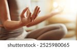 Meditation, hands and girl with yoga at house for fitness, mindfulness development and spiritual. Woman, relax and pilates exercise with chakra energy, mental health peace and healing performance